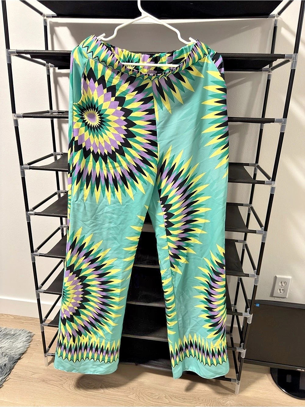 EXPLORATION Geometric Wide Leg Pants in Turquoise & Black Like New